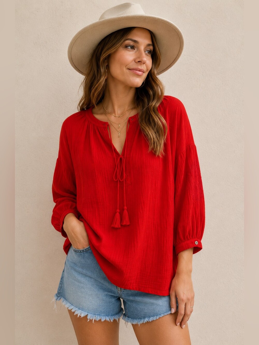 Madewell Red Crinkle Peasant Blouse Size Small Lightweight Boho Top